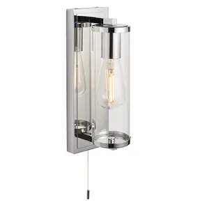 Chrome Bathroom Wall Light & Cylinder Glass Shade - IP44 Rated - Modern Sconce