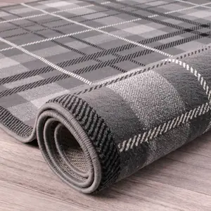 Tartan Grey Chequered Tartan Easy to Clean Rug For Dining Room-80cm X 150cm