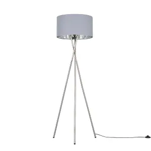 ValueLights Camden Brushed Chrome Metal Tripod Floor Lamp with Grey & Chrome Cylinder Shade - Includes 6w LED Bulb 3000K