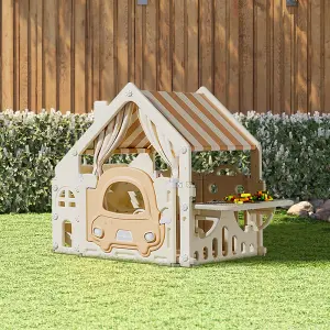 Outdoor Plastic Playhouse for Kids Garden Pretend Play Games with Built In Storage Rack and Building Block Table