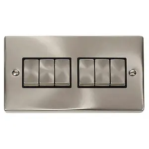 Satin / Brushed Chrome 10A 6 Gang 2 Way Ingot Light Switch - Black Trim - SE Home