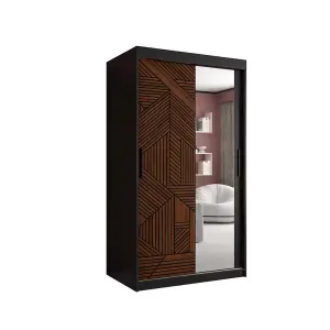 Modern Marsylia II Sliding Door Wardrobe W1000mm H2000mm D620mm - Black & Dark Walnut with Mirrored Door and Ample Storage