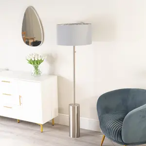 ValueLights Lexy Brushed Chrome Rotary Dimmer Switch Floor Lamp with Grey/Chrome Shade