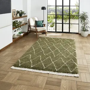 Green Geometric Shaggy Rug, Stain-Resistant 45mm Thick Modern Rug for Bedroom, Living Room, & Dining Room-160cm X 230cm