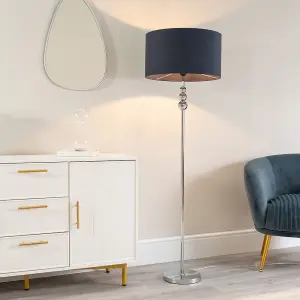 ValueLights Marissa Chrome Stacked Ball Floor Lamp with Navy Blue Drum Shade - LED Bulb Included