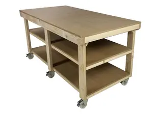 Workbench MDF top, large heavy-duty table (H-90cm, D-90cm, L-180cm) with wheels and double shelf