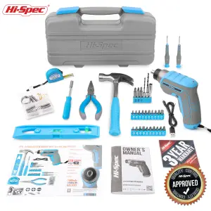 Hi-Spec 35pc Blue 3.6V USB Power Cordless Screwdriver & Home Repair Hand Tool Kit Set. Electric Screwdriving in Tool Box