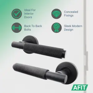 AFIT Matt Black Internal Door Handle - 1 Pair Knurled Matt Black Lever on Rose Round Handles - Dixon Range