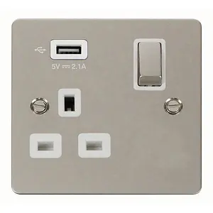 Flat Plate Pearl Nickel 1 Gang 13A DP Ingot 1 USB Switched Plug Socket - White Trim - SE Home