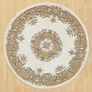 Handmade Bordered Floral Easy to Clean Cream Beige Traditional Wool Rug for Living Room & Bedroom-200cm X 285cm