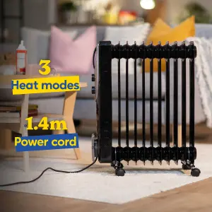 Russell Hobbs Electric Heater 2500W Black 11 Fin Oil Filled Radiator with 2 Year Guarantee RHOFR1106B