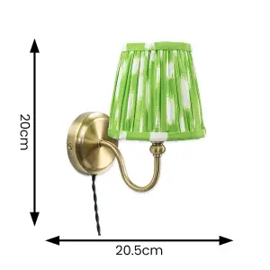 ValueLights Neely Plug in Antique Brass Easy Fit Wall Light with Green Pleated Fabric Tapered Lampshade