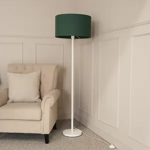 ValueLights Charles White Single Stem Floor Lamp with Forest Green Drum Lamp Shade and LED Bulb