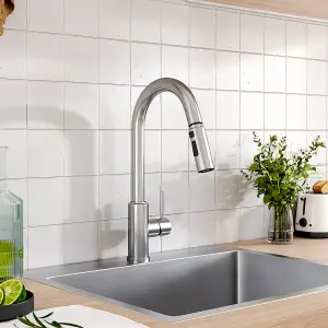 Single Stainless Steel Lever Handle Kitchen Tap with Pull-Out Hose in Silver