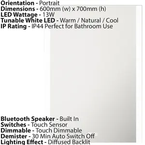 500 x 700mm LED Bathroom Mirror & Bluetooth Speaker -IP44 Demister Tunable White