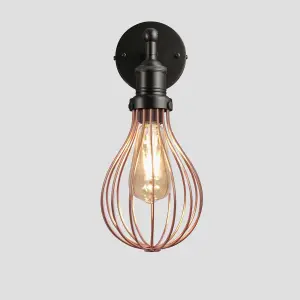 Industville Brooklyn Balloon Cage Wall Light, 6 Inch, Copper, Black Holder