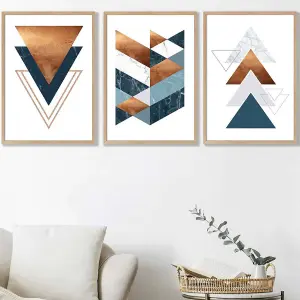 Set of 3 Mid Century Teal Orange Abstract Geometric Wall Art Prints / 42x59cm (A2) / Oak Frame