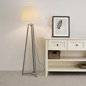 ValueLights Lottie Grey Wood Tripod Floor Lamp with Beige Tapered Shade - LED Bulb Included