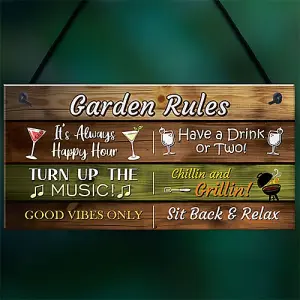 Red Ocean Garden Rules Hanging Wall Sign - Garden Bar Signs For Home Bar - Novelty Garden Decor Shed Plaques