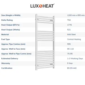 Towel Radiator Rail 1200 x 600 for Central Heating with White Finish