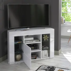 Furneo Venico02 White Corner TV Stand 100cm Matt & High Gloss Blue LED Lights