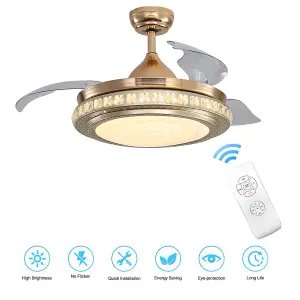 3 Blade Gold Round Crystal Diammable Ceiling Fan Light with Remote Control