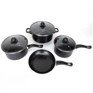 Black 7 Piece Non Stick Cookware Set Cooking Pot Frying Pan Saucepan With Lids