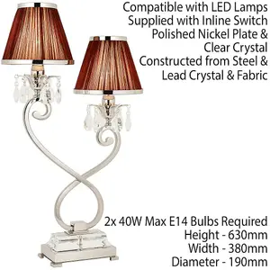 Esher Luxury Twin Table Lamp Nickel Crystal Brown Shade Traditional Bulb Holder