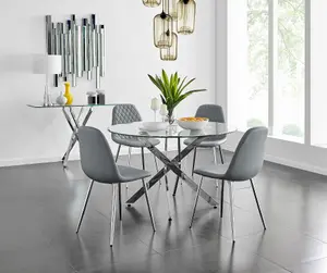 Furniturebox UK Novara Chrome Metal And Glass Large Round Dining Table And 4 Elephant Grey Corona Silver Chairs Set