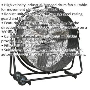 30" Industrial High Velocity Orbital Drum Fan - 2 Speed - 360 Degree Tilt