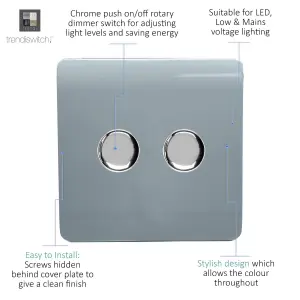 Trendi Switch 2 Gang 1 or 2 way 150w Rotary LED Dimmer Light Switch in Cool Grey