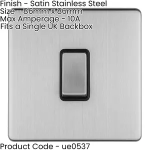 1 Gang Single 10A INTERMEDIATE Light Switch SCREWLESS SATIN STEEL Metal Rocker