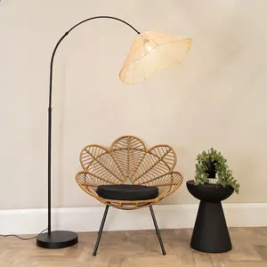 ValueLights Louis Black Arched Curved Floor Lamp with Natural Wicker Tapered Lamp Shade and LED Bulb