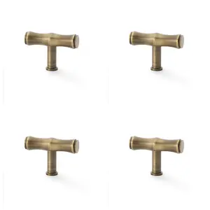 4 PACK - Bamboo T Bar Cupboard Door Knob - 55mm x 38mm - Antique Brass Unit Pull Handle