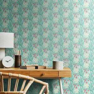 Hoopla Walls Meadow Stripe Seafoam & Coral Smooth Matt Wallpaper