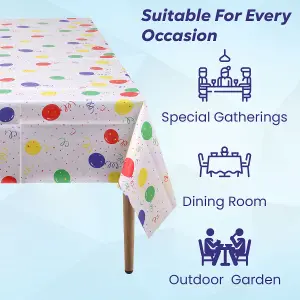 White Plastic Tablecloth, Multicolour Polka Dot Printed Waterproof Table Cover - 54"x108"