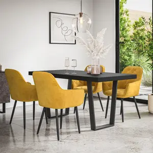 Aria Dining Table And Chairs -  Black Table Top w Black Legs + Anika Velvet Dining Chair Set Of 4 (Mustard)