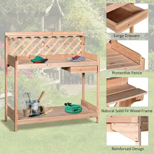 Outsunny Outdoor Wood Potting Table Garden Plant w/ Drawer, Hook, Slatted Shelf