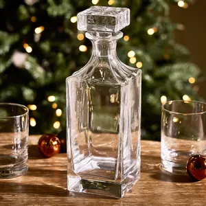 Traditional Large Square Carafe Jug Whisky Decanter Christmas Glassware with Flat Top Stopper 900ml (DH80)