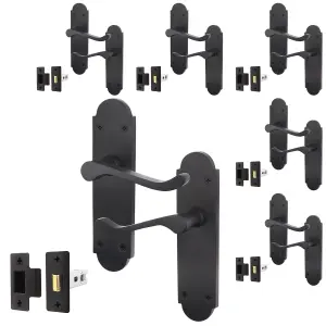 AFIT Matt Black Door Handle Latch Set - Victorian Scroll Shaped - 6 Pairs of Internal Latch Door Handles & Latches 64mm