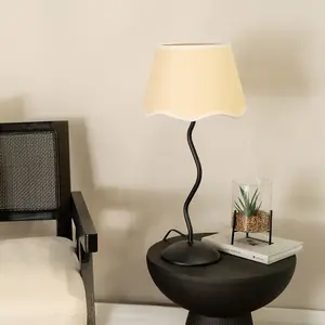 ValueLights Wiggle Black Metal Stem Table Lamp with Linen Scallop White Trim Tapered Lamp Shade and LED Bulb