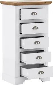 Toledo 5 Drawer Narrow Chest in White and Oak Effect Veneer