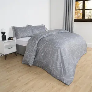 Geo Duvet Cover Bedding Set Pillowcase Reversible Art Deco Quilt, Grey - King