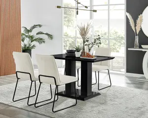 Furniturebox Imperia 4 Modern Black High Gloss Dining Table & 4 Cream Halle Chairs