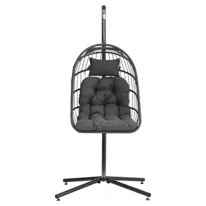 Black Foldable Rattan Egg Swing Chair Garden Relaxing Hanging Chair with Metal Stand and Cushions 195 cm