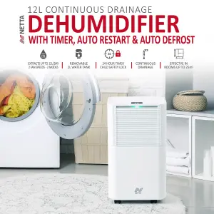 NETTA 12L Compact Dehumidifier - Digital Control Panel, Air Filter,  Auto Restart,  Low Energy 200W