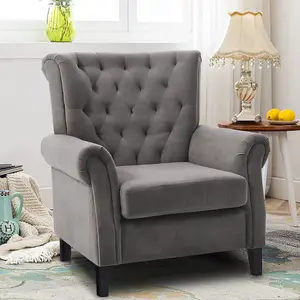 Tufted Upholstered Wingback Grey Accent Armchair