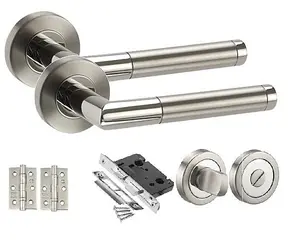 Golden Grace Mitred Style Chrome Door Handles on Rose Dual Finish Latch Pack, Hinges, 64mm Tubular Latch (Bathroom Set)