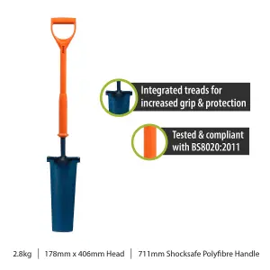 Pegdev - PDL - Shocksafe Insulated Newcastle Drainer Grafter Spade 16" BS8020 Treaded Shovel for Trenches Channels and Post Holes