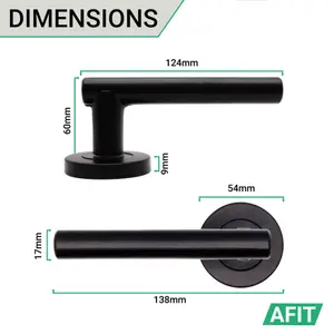 AFIT Matt Black Internal Door Handle - 4 Pairs Matt Black Lever on Rose Round T-Bar Handles- Olvera Range